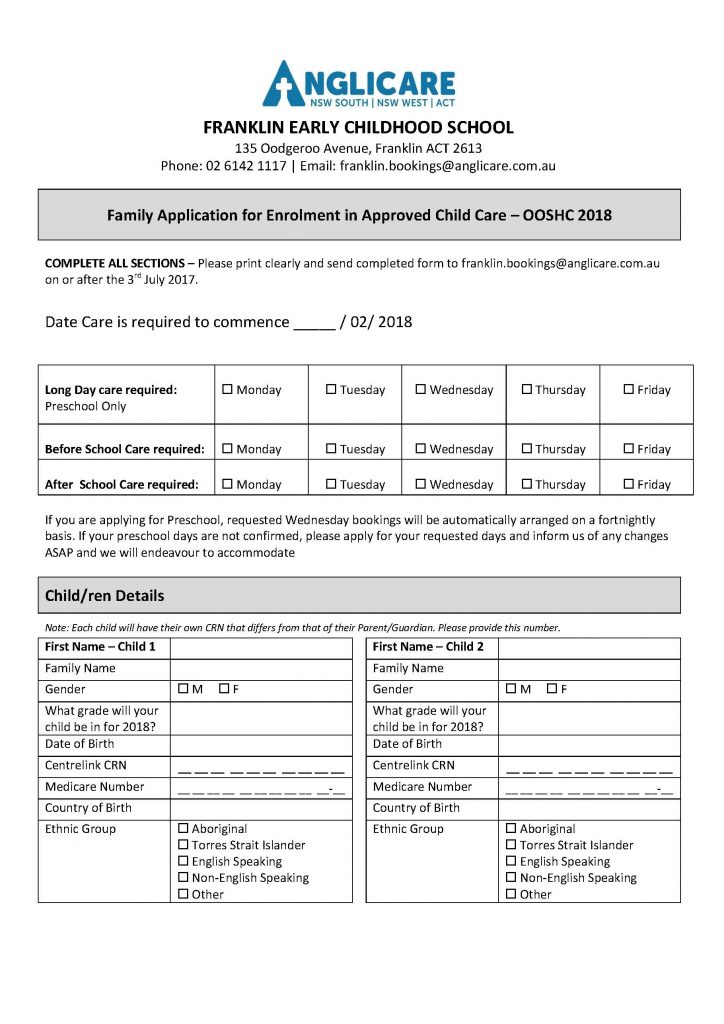 anglicare anglicare at franklin early childhood school daycare enrollment form