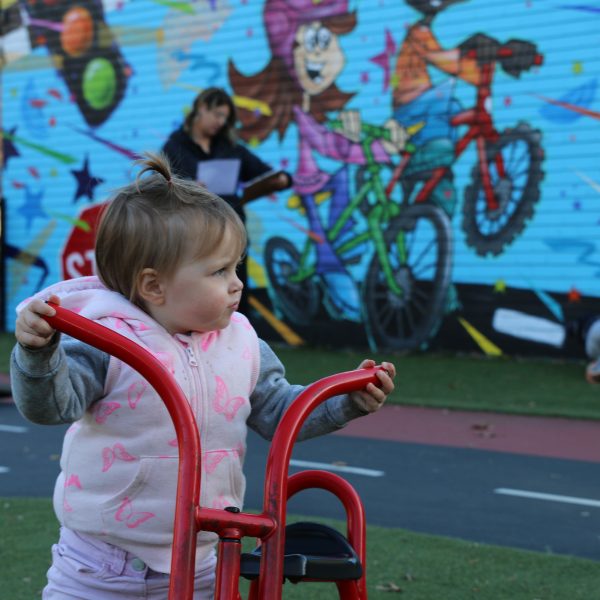 toddler beside tricycle