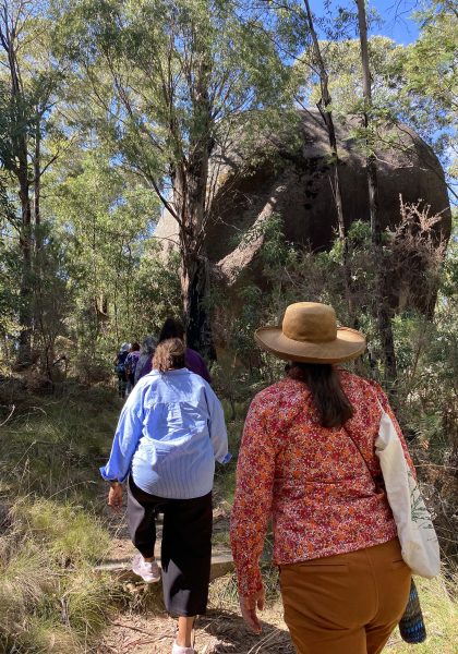 A line of people walking on trail at Tidbinbilla Nature reserve seen from behind