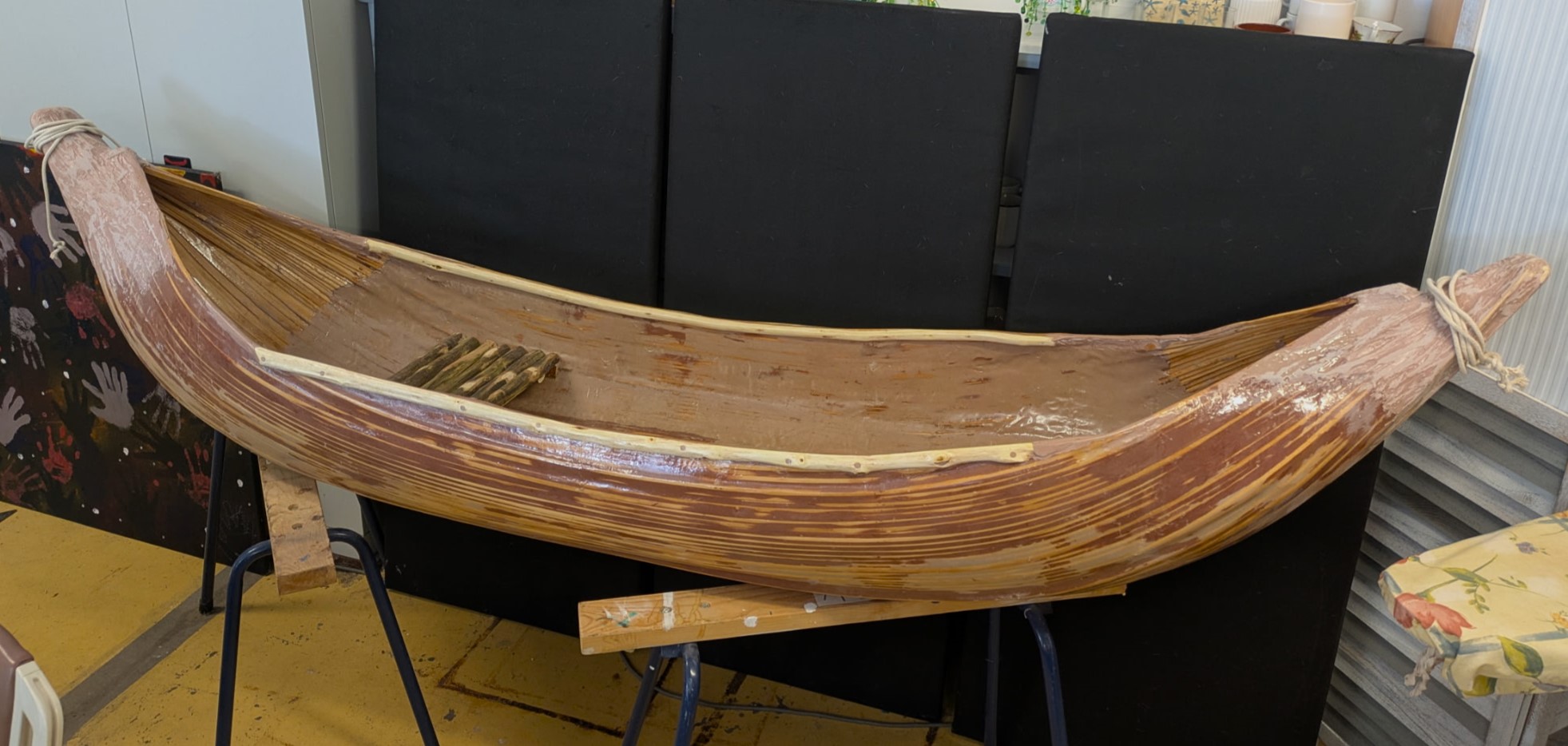 close up of a replica traditiona Yuin style canoe