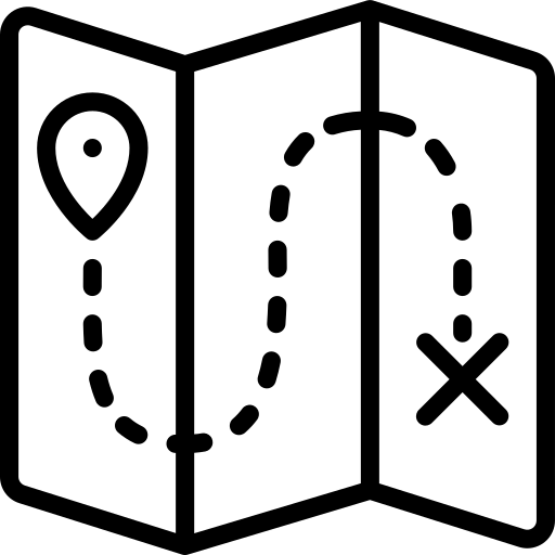 icon of a map with an path and destination marked. Black and white.